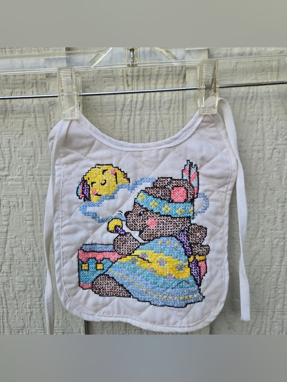 Vintage Handmade Cross Stitch Bear Bib Quilted Nursery Decor